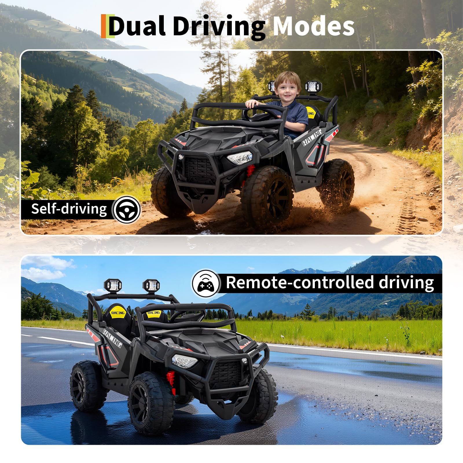 Garvee 24V 2-Seater Electric UTV Ride-On Truck for Kids Ages 2-8 – Battery Powered, Remote Control, 4-Wheel Suspension, Gradual Power-Up, 3 Speeds, LED Lights, Wireless – Black