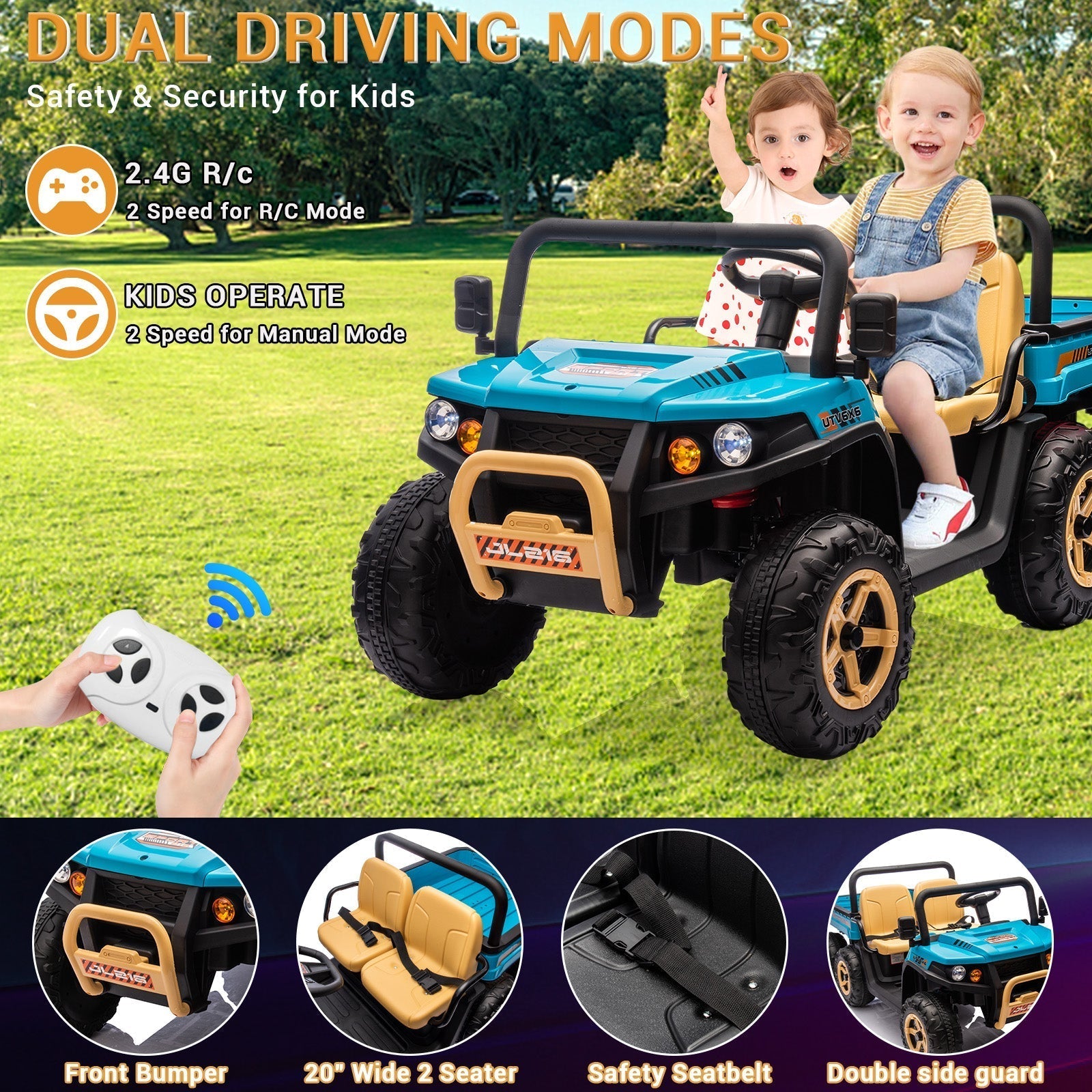 Garvee 24V 2-Seater 6-Wheel 4WD Kids Ride-On Dump Truck UTV - Parent Remote, Wireless Audio Music, LED Lights, Dump Bed, Shovel - Electric Car Toy for Big Kids - Blue