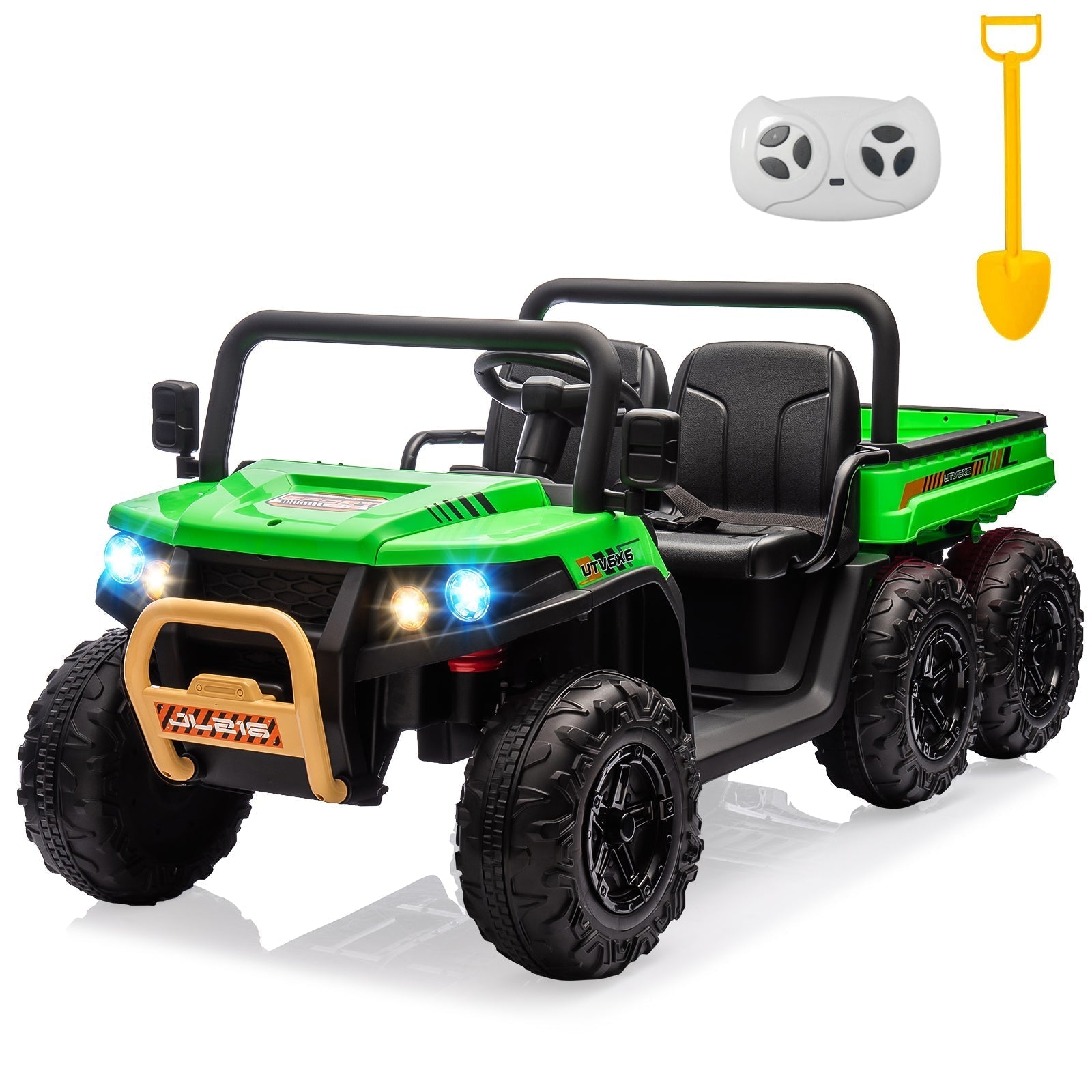 Garvee 24V 2-Seater 6-Wheel 4WD Kids Electric Dump Truck Ride-On UTV - Parental Remote, Wireless Audio Music, LED Lights, Electric Dump Bed, Shovel - Off-Road Toy for Big Kids - Green