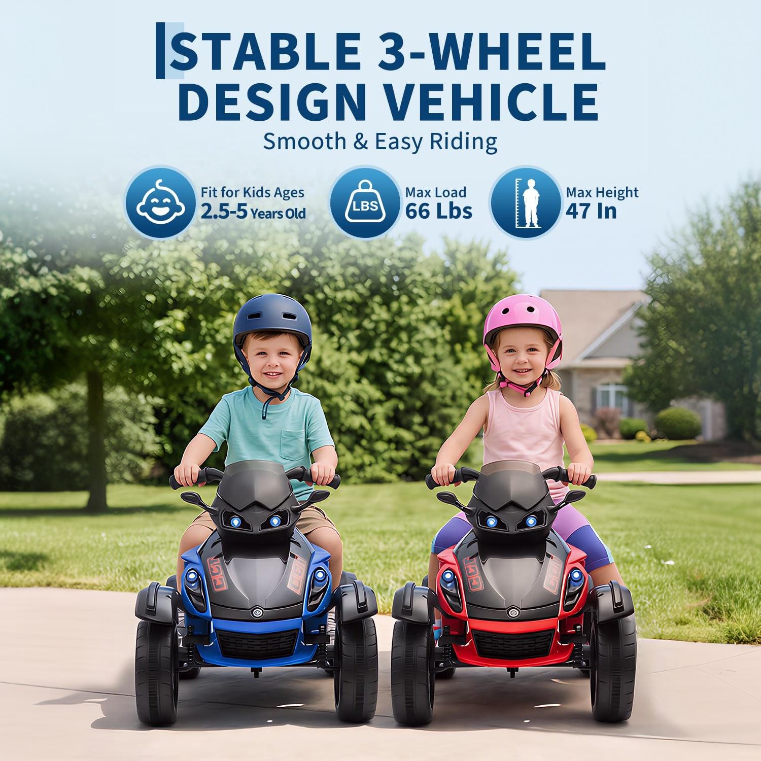 Garvee 12V Dual Motor Kids Electric Ride-On Car & 3-Wheel ATV – 4 MPH, LED Lights & Music, 66 lbs Capacity, Outdoor Off-Road Battery Powered Toy Gift for Boys & Girls Ages 3-8 – Blue