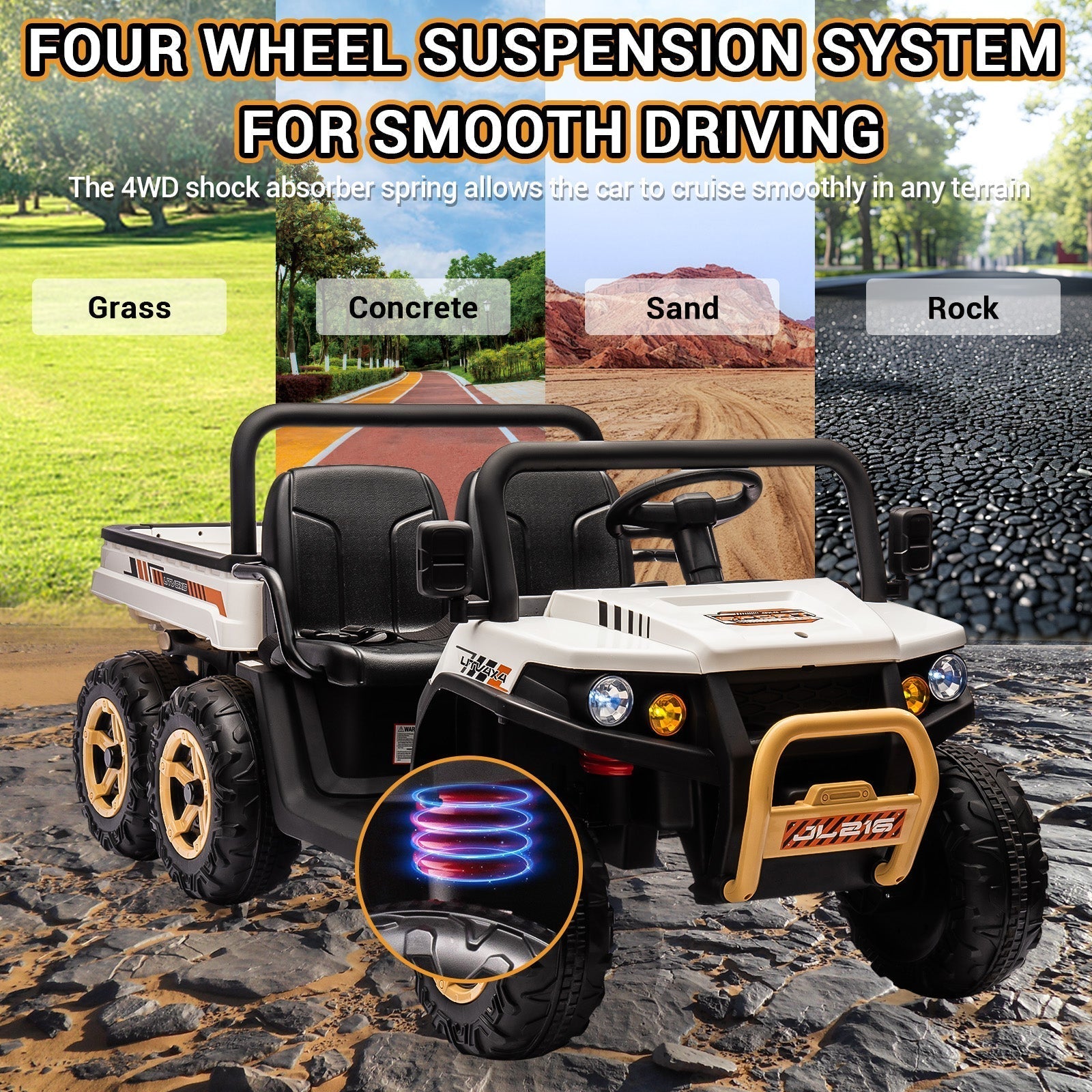 Garvee 24V 2-Seater 6-Wheel 4WD Kids Ride-On UTV Dump Truck - Parent Remote Control, Wireless Audio Music, LED Lights, Electric Dump Bed, Shovel - Electric Ride-On Car for Big Kids - White