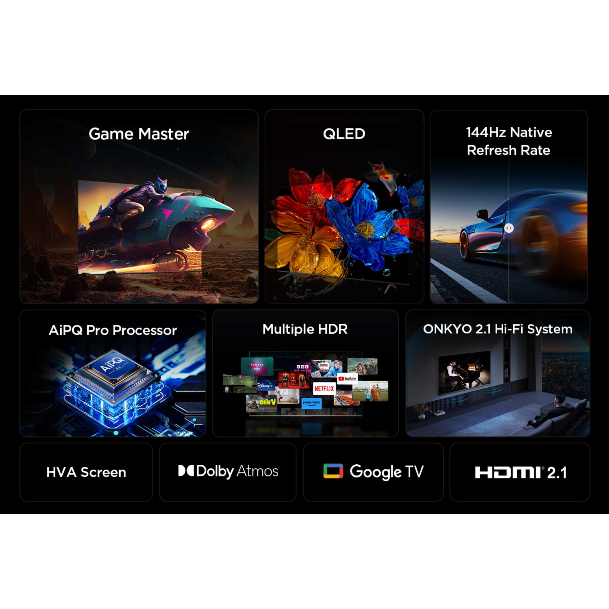 TCL 75T8C-UK 75 Inch T8C 4K QLED Ultra HD HDR Smart Google TV with 144Hz Motion Clarity Pro and Onkyo 2.1 sound