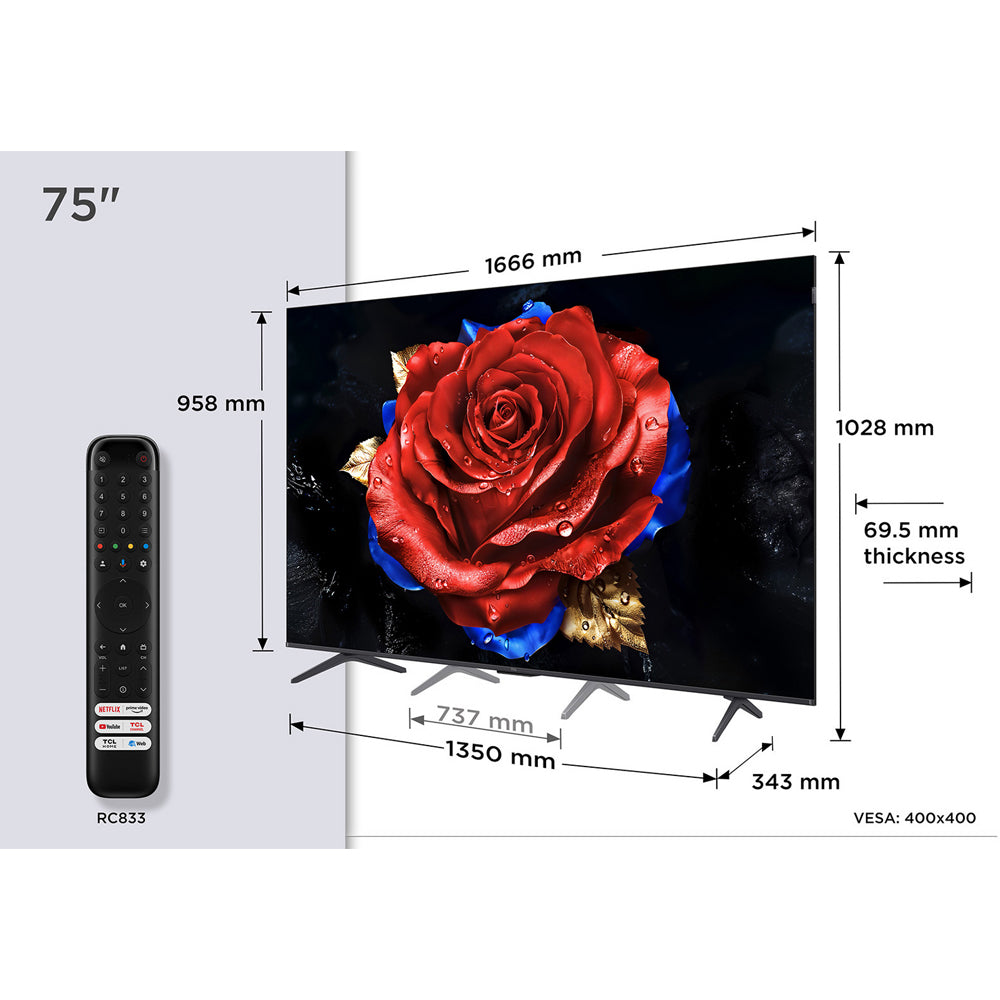 TCL 75T8C-UK 75 Inch T8C 4K QLED Ultra HD HDR Smart Google TV with 144Hz Motion Clarity Pro and Onkyo 2.1 sound