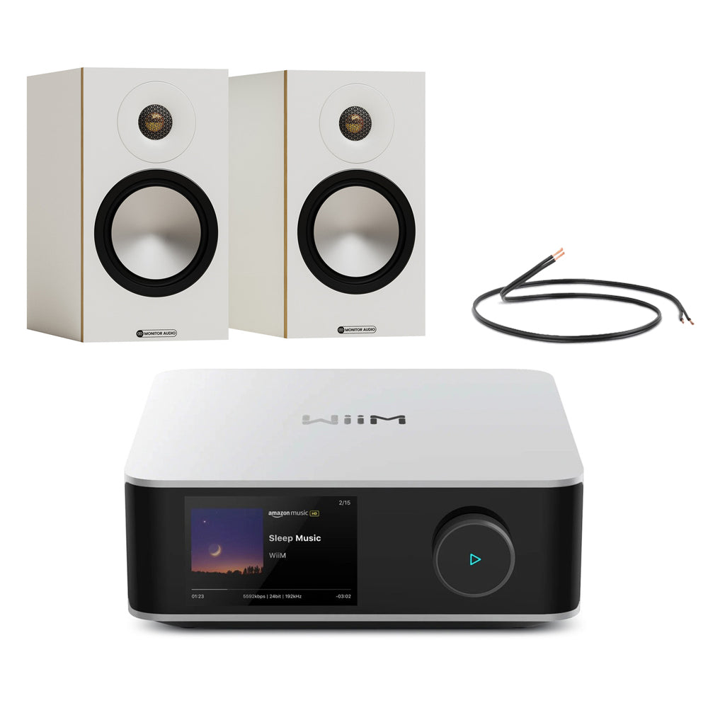 WiiM Amp Ultra Streaming Amplifier Silver with Monitor Audio Bronze 50 7G Bookshelf Speakers White Pair
