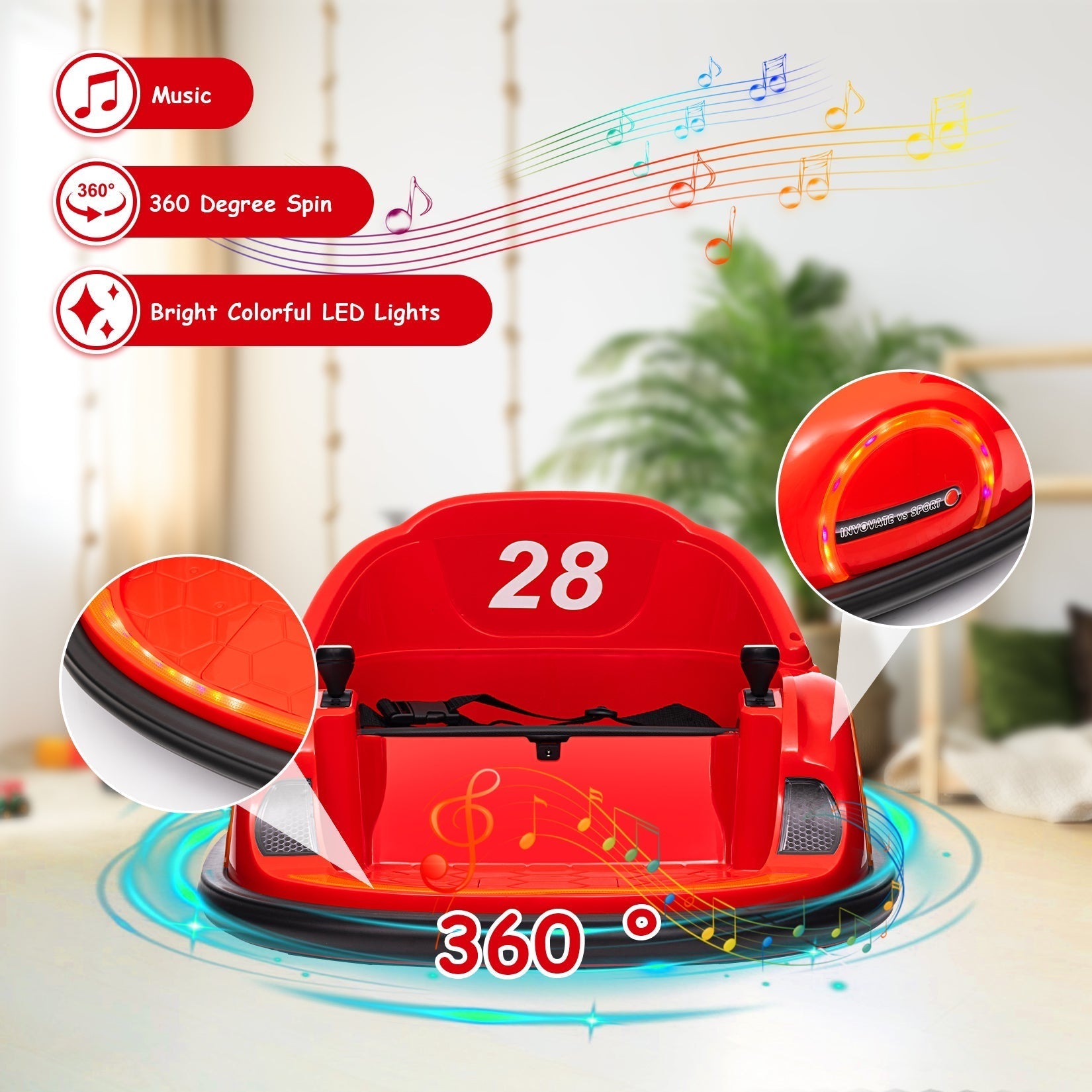 Garvee Ride - B Series: 12V Kids Ride On Bumper Car Electric Vehicle for Toddlers Ride on Toy Bumping Car with Remote Control, Battery Display, 360°Spin, LED Lights, MP3, USB, Red