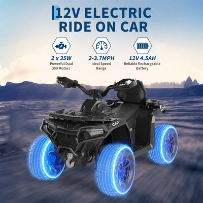 Garvee 12V Electric Ride On Car for Kids 3-8 Years, 2 * 45W Motor, Remote Control, LED Lights, Music Player & Emergency Brake, Battery Powered Cars for Toddlers & Big Kids - Black