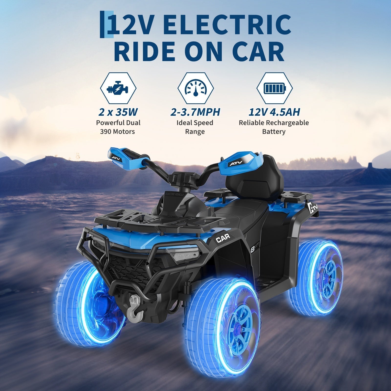 Garvee 12V Electric Ride On Car for Kids 3-8 Years, 2 * 45W Motor, Remote Control, LED Lights, Music Player & Emergency Brake, Battery Powered Cars for Toddlers & Big Kids - Blue