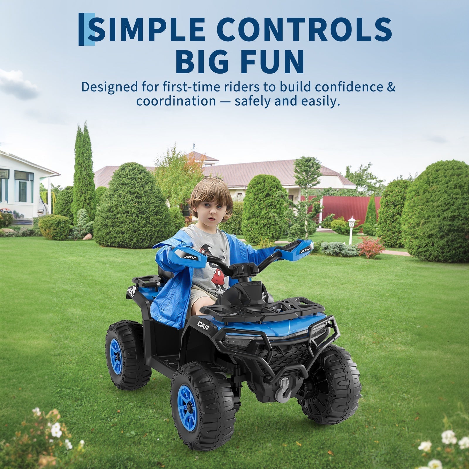 Garvee 12V Electric Ride On Car for Kids 3-8 Years, 2 * 45W Motor, Remote Control, LED Lights, Music Player & Emergency Brake, Battery Powered Cars for Toddlers & Big Kids - Blue