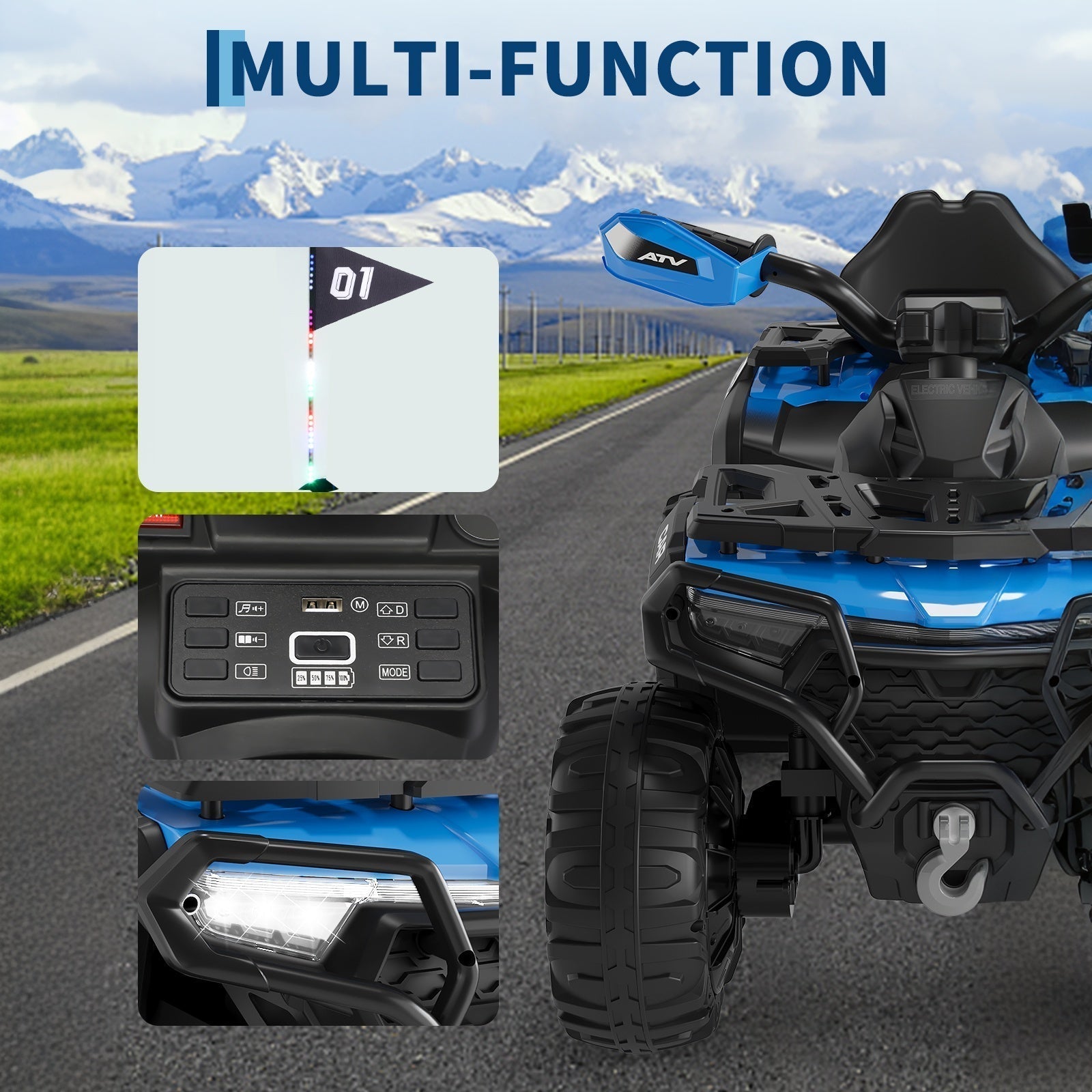 Garvee 12V Electric Ride On Car for Kids 3-8 Years, 2 * 45W Motor, Remote Control, LED Lights, Music Player & Emergency Brake, Battery Powered Cars for Toddlers & Big Kids - Blue