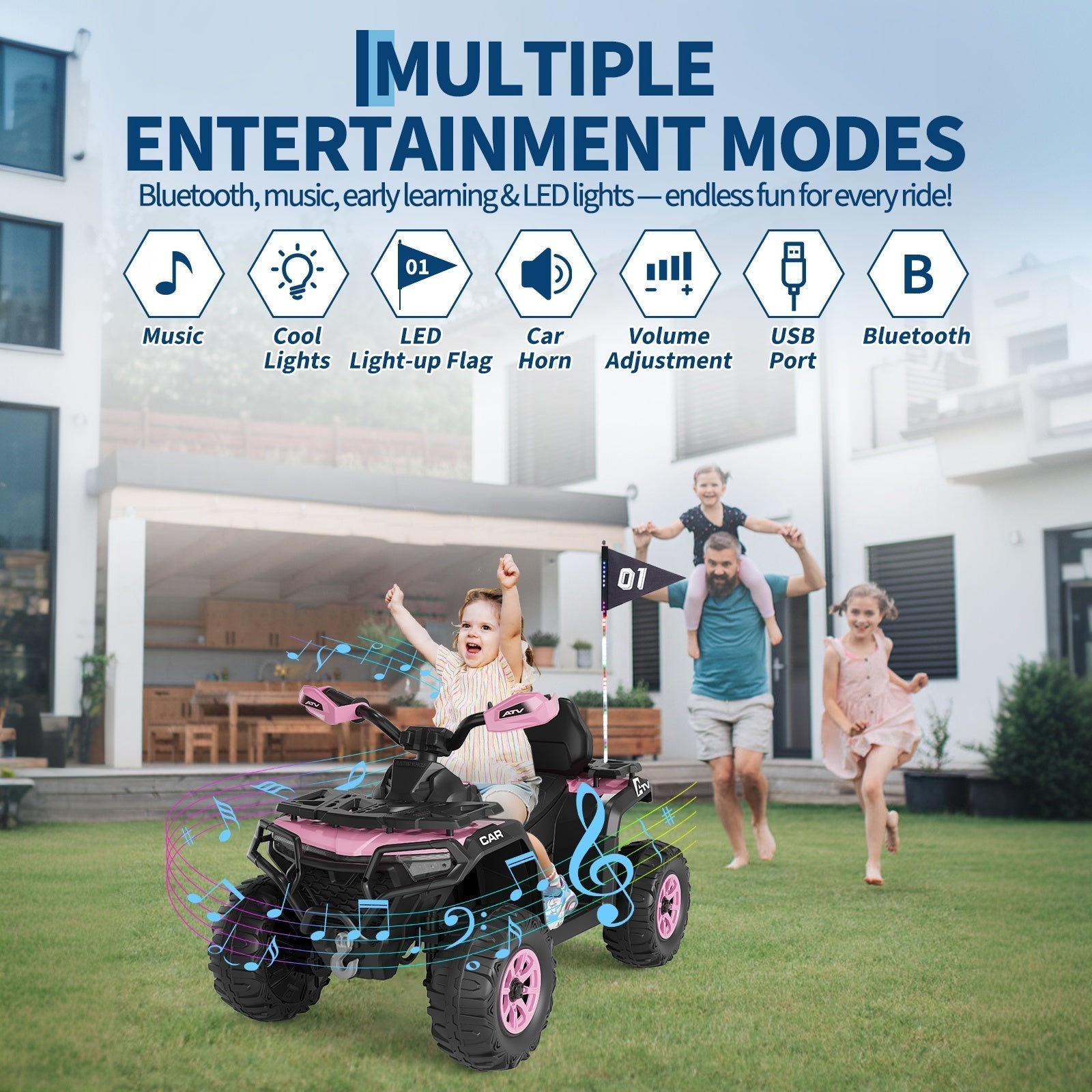 Garvee 12V Electric Ride On Car for Kids 3-8 Years, 2 * 45W Motor, Remote Control, LED Lights, Music Player & Emergency Brake, Battery Powered Cars for Toddlers & Big Kids - Pink