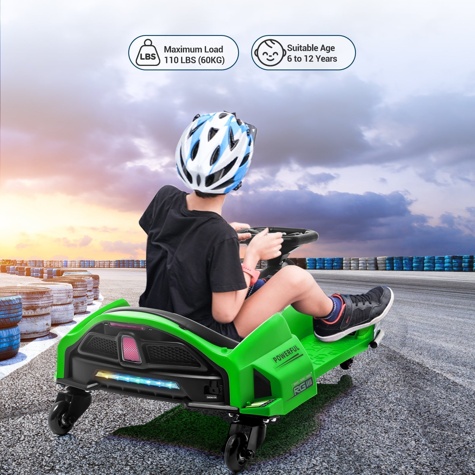 Garvee Ride - G Series: 24V Kids Ride-On Drift Car: Electric Drifting Go-Kart, for Ages 8-12 - Green