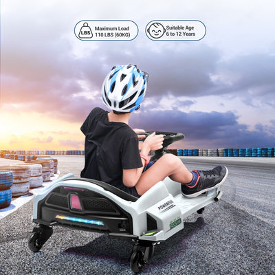 Garvee Ride - G Series: 24V Drift Go-Kart for Kids: Quality Metal, 7.5mph, LED, Music, for 8-12 Years Old - White