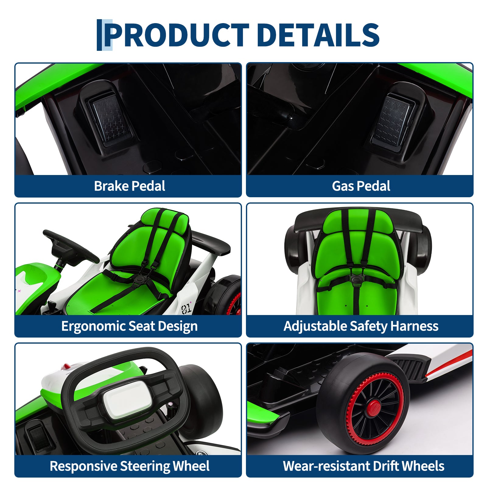 Garvee Ride - G Series: 6+,24V Drift Kart with 2X200W Strong Motor, 7AH Big Battery, Electric Pedals, Electric Go Kart Outdoor Race Toy - Green & White