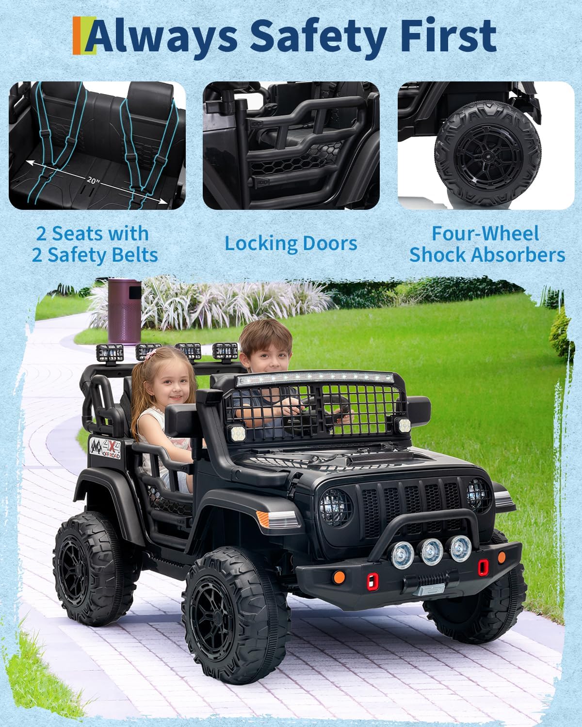 Garvee 24V Ride on Toys for Big Kids, 2-Seater Electric Ride on Car Truck with Remote Control, Four-Wheel Shock Absorbers, 4 Mph Max Speed, Music, LED Lights for Boys Girls, Black