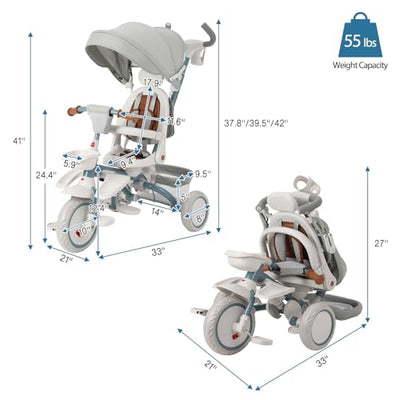 Garvee Baby Tricycle, 7 in 1 Folding Toddler Bike w/Removable Adjustable Push Handle, Canopy, Rotatable Seat, Safety Harness, Cup Holder & Storage, Trike for 1-5 Year Old (White)