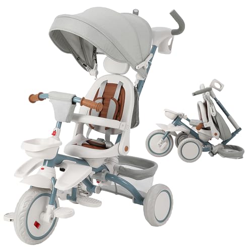 Garvee Baby Tricycle, 7 in 1 Folding Toddler Bike w/Removable Adjustable Push Handle, Canopy, Rotatable Seat, Safety Harness, Cup Holder & Storage, Trike for 1-5 Year Old (White)
