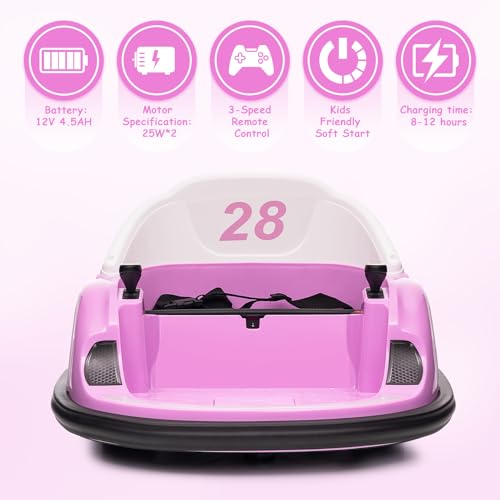 Garvee Ride - B Series: 12V Ride On Bumper Car for Kids Ride on Toy Gifts Toddlers Electric Bumping Car with Remote Control, Battery Display, 360 Degree Spin, LED Lights, Music, Pink