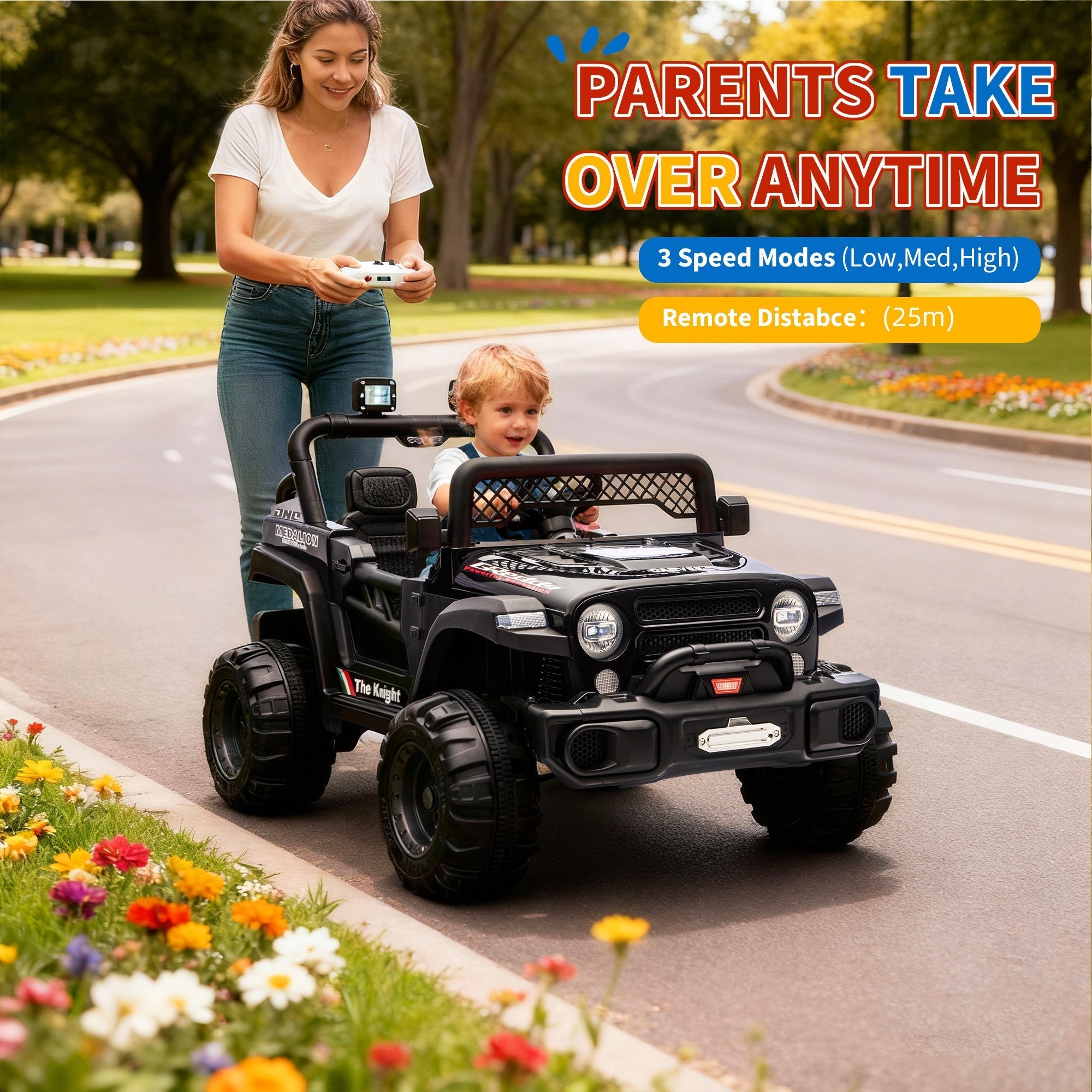 Garvee 12V Kids Electric Ride-On Truck – Dual Motors, 3 Speeds, Remote Control, LED Lights, Music, Spring Suspension, Safety Belt, Storage – Battery Powered Off-Road Car Toy for Boys & Girls Ages 2-8, Black