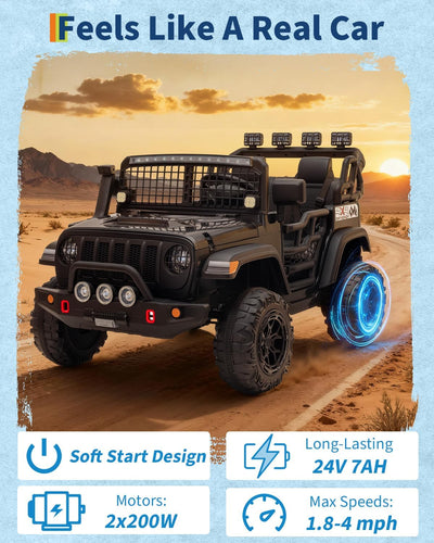 Garvee 24V Ride on Toys for Big Kids, 2-Seater Electric Ride on Car Truck with Remote Control, Four-Wheel Shock Absorbers, 4 Mph Max Speed, Music, LED Lights for Boys Girls, Black