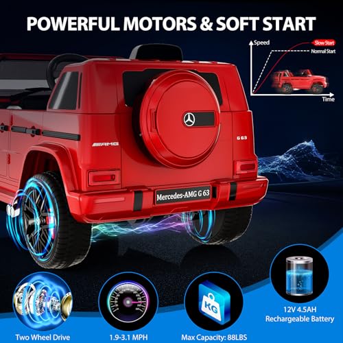 Garvee 12V Kids Ride on Car, Licensed Mercedes Benz G63 Electric Car w/Remote Control, Music, Spring Suspension, LED Light, Bluetooth, Horn, AUX, Safety Lock Battery Powered Electric Vehicle - Red