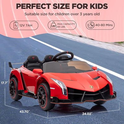 Garvee 12V Kids Ride On Car, Licensed Lamborghini Venono Electric Car w/Parent Remote Control, Scissor Door, 3 Speeds, LED Headlights, Rocking & Music, Battery Powered Ride on Toy for Boys Girls- Red