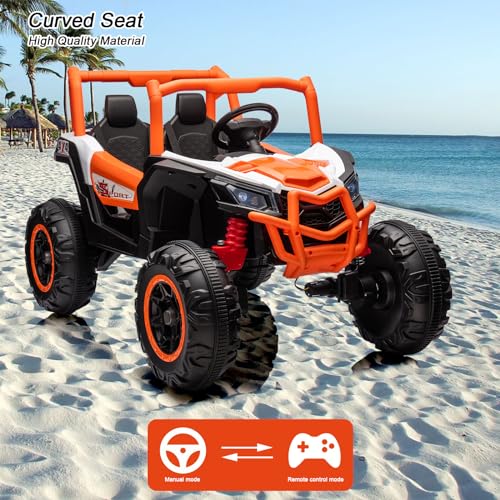 Garvee 2 Seater Ride on Car for Kids, 24V Powered Electric Off-Road UTV Ride Toy, 4WD Electric Vehicle with Remote Control, LED Lights, Bluetooth, 3 Speeds, Horn, 2 Spring Suspension