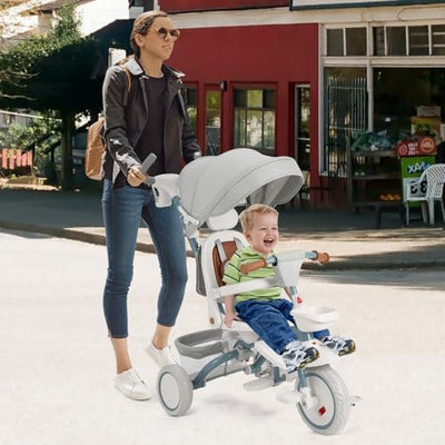 Garvee Baby Tricycle, 7 in 1 Folding Toddler Bike w/Removable Adjustable Push Handle, Canopy, Rotatable Seat, Safety Harness, Cup Holder & Storage, Trike for 1-5 Year Old (White)