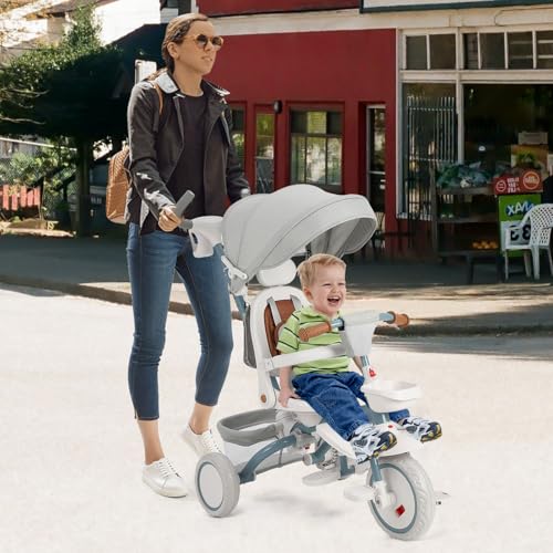Garvee Baby Tricycle, 7 in 1 Folding Toddler Bike w/Removable Adjustable Push Handle, Canopy, Rotatable Seat, Safety Harness, Cup Holder & Storage, Trike for 1-5 Year Old (White)