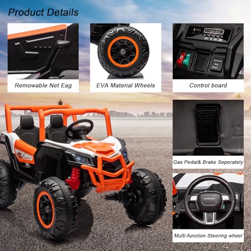 Garvee 2 Seater Ride on Car for Kids, 24V Powered Electric Off-Road UTV Ride Toy, 4WD Electric Vehicle with Remote Control, LED Lights, Bluetooth, 3 Speeds, Horn, 2 Spring Suspension