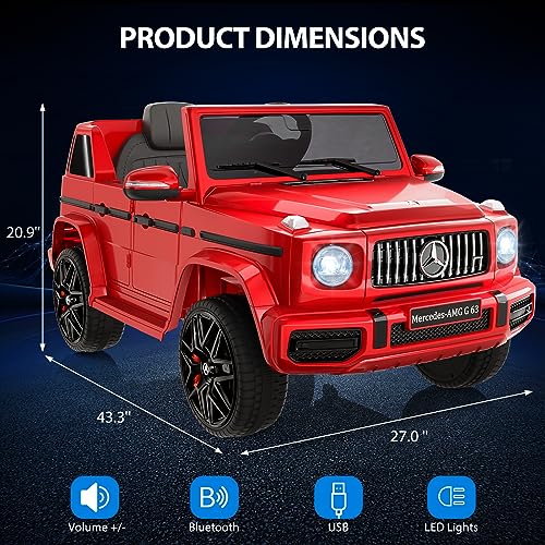 Garvee 12V Kids Ride on Car, Licensed Mercedes Benz G63 Electric Car w/Remote Control, Music, Spring Suspension, LED Light, Bluetooth, Horn, AUX, Safety Lock Battery Powered Electric Vehicle - Red