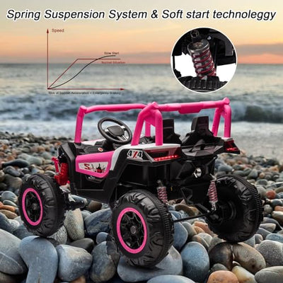 Garvee 2 Seater Ride on Car for Kids, 24V Powered Electric Off-Road UTV Ride Toy, 4WD Electric Vehicle with Remote Control, LED Lights, Bluetooth, 3 Speeds, Horn, 2 Spring Suspension