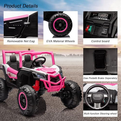 Garvee 2 Seater Ride on Car for Kids, 24V Powered Electric Off-Road UTV Ride Toy, 4WD Electric Vehicle with Remote Control, LED Lights, Bluetooth, 3 Speeds, Horn, 2 Spring Suspension