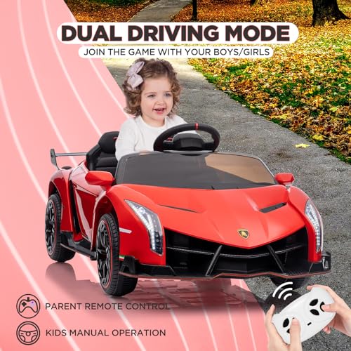 Garvee 12V Kids Ride On Car, Licensed Lamborghini Venono Electric Car w/Parent Remote Control, Scissor Door, 3 Speeds, LED Headlights, Rocking & Music, Battery Powered Ride on Toy for Boys Girls- Red