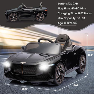 Garvee Kids Ride On Car, Licensed Bentley Bacalar 12V Electric Vehicles w/Parent Remote Control, Scissor Door, Suspension, 3 Speeds, LED Lights, Horn, Battery Powered Ride on Toy for Boys Girls - Black