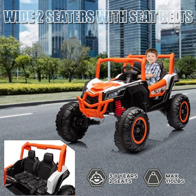 Garvee 2 Seater Ride on Car for Kids, 24V Powered Electric Off-Road UTV Ride Toy, 4WD Electric Vehicle with Remote Control, LED Lights, Bluetooth, 3 Speeds, Horn, 2 Spring Suspension