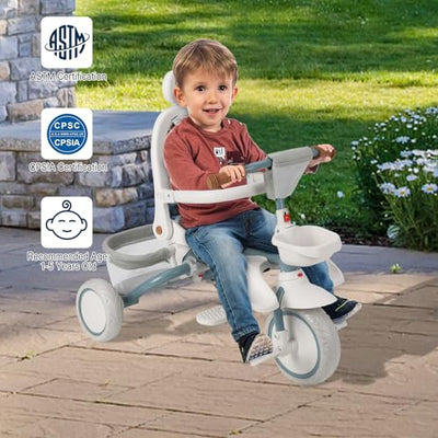 Garvee Baby Tricycle, 7 in 1 Folding Toddler Bike w/Removable Adjustable Push Handle, Canopy, Rotatable Seat, Safety Harness, Cup Holder & Storage, Trike for 1-5 Year Old (White)