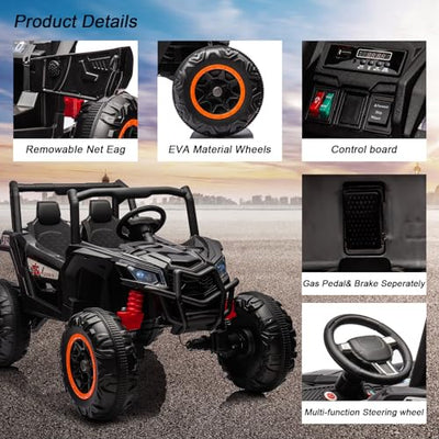 Garvee 2 Seater Ride on Car for Kids, 24V Powered Electric Off-Road UTV Ride Toy, 4WD Electric Vehicle with Remote Control, LED Lights, Bluetooth, 3 Speeds, Horn, 2 Spring Suspension