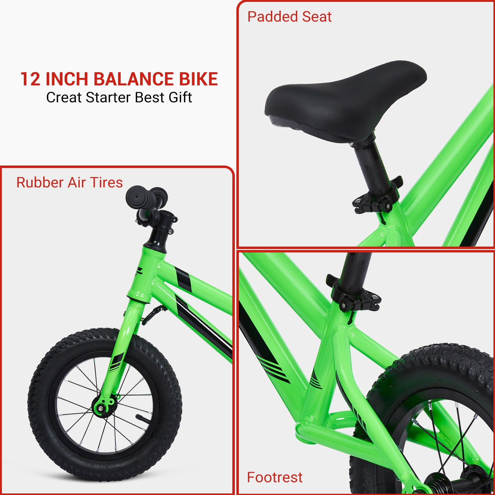 Garvee Lightweight Balance Bike for Toddlers 2-6 Years - No Pedal Design, Adjustable Handlebar & Seat, Aluminum Frame, EVA Tires (Green)
