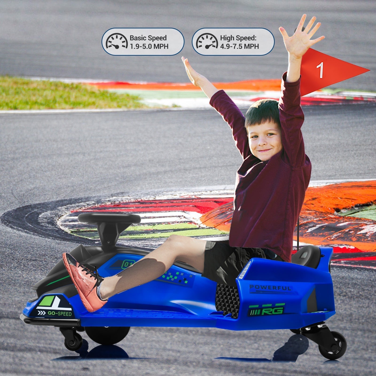Garvee Ride - G Series: 24V Drift Go-Kart for Kids: Quality Metal, 7.5mph, LED, Music, for 8-12 Years Old - Blue