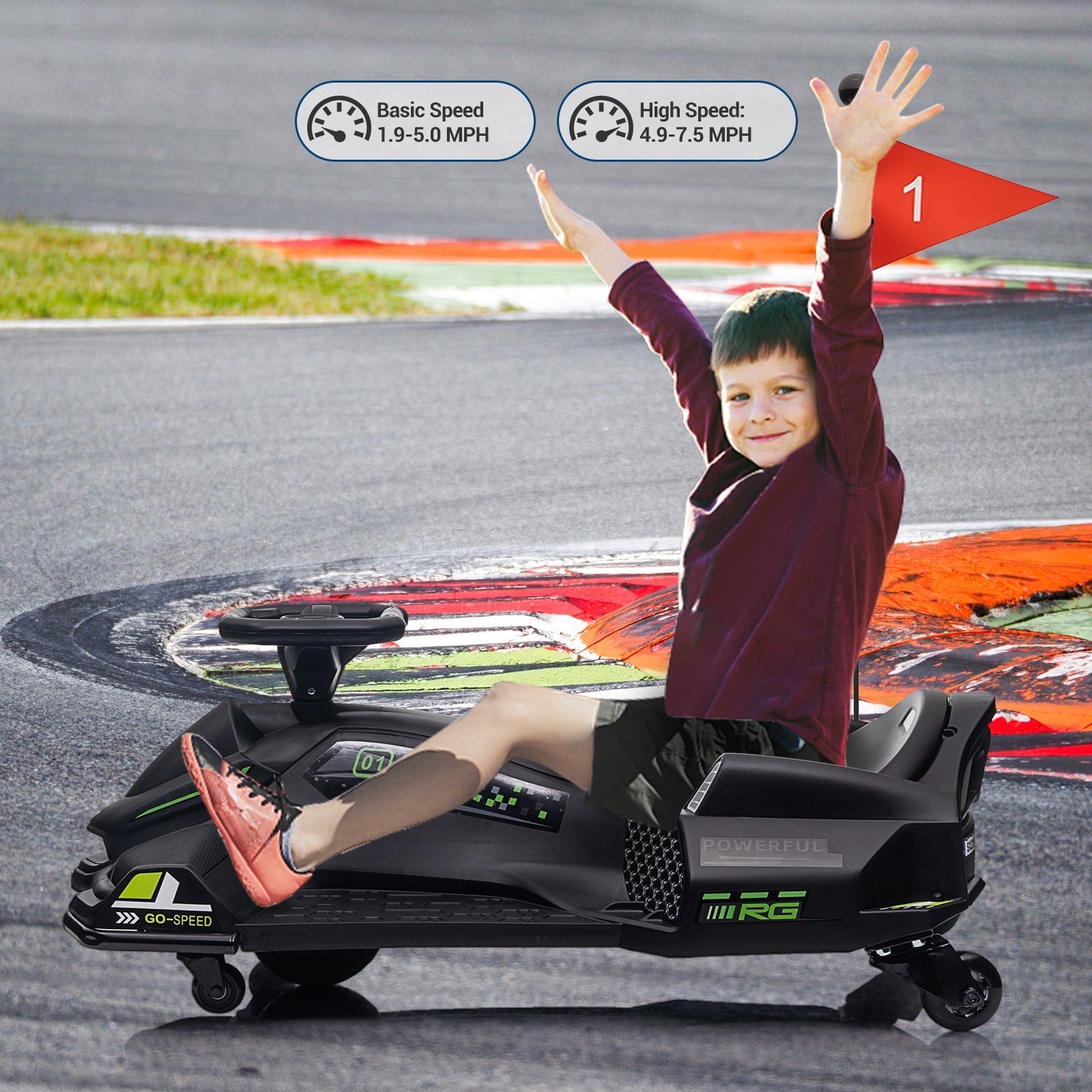 Garvee Ride - G Series: 24V Drift Go-Kart for Kids: Quality Metal, 7.5mph, LED, Music, for 8-12 Years Old - Black