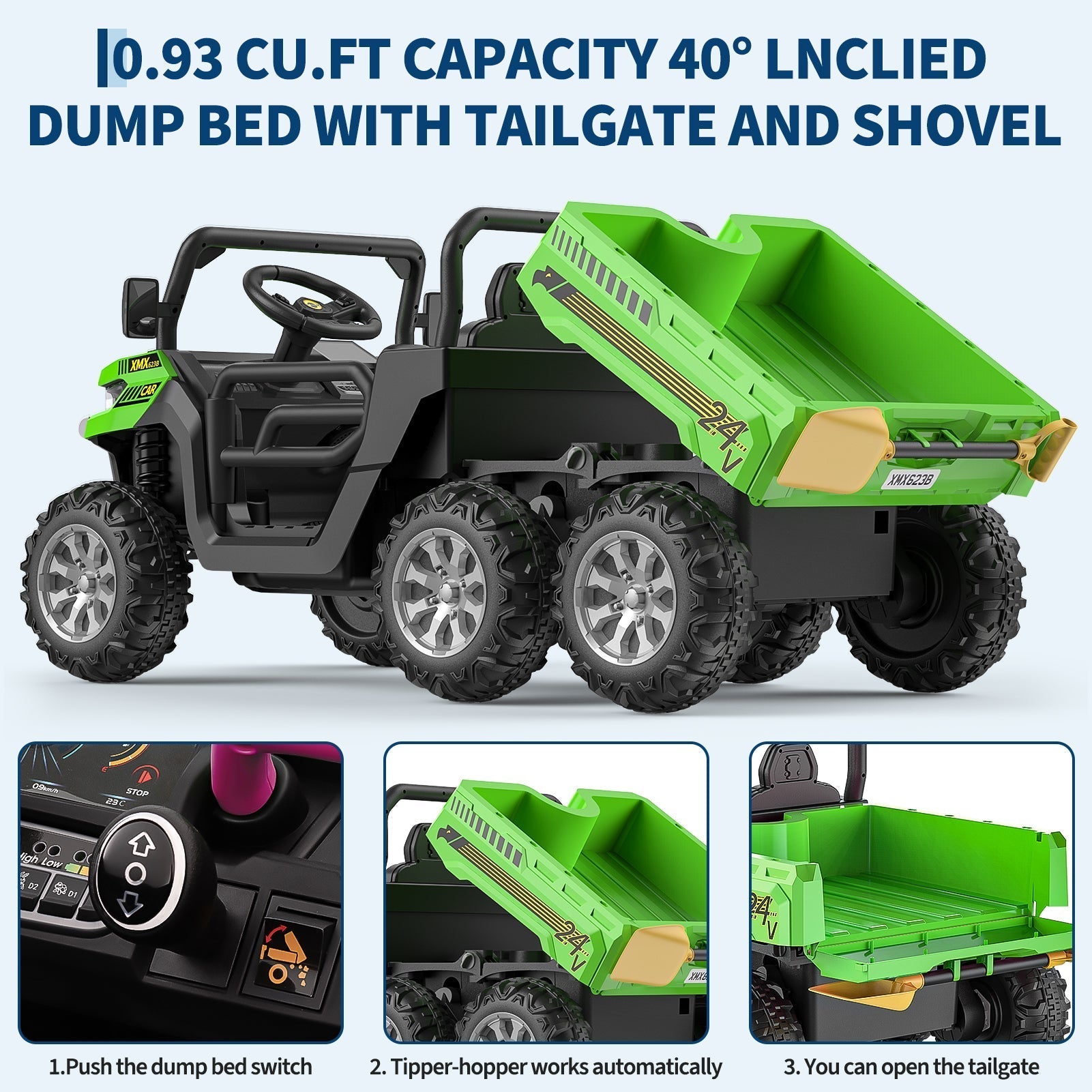 Garvee 2-Seater 6x6 Ride-On Dump Truck: 24V, Remote Control, Battery Powered UTV,Tires, 6-Wheeler, for 3 years and up - Green