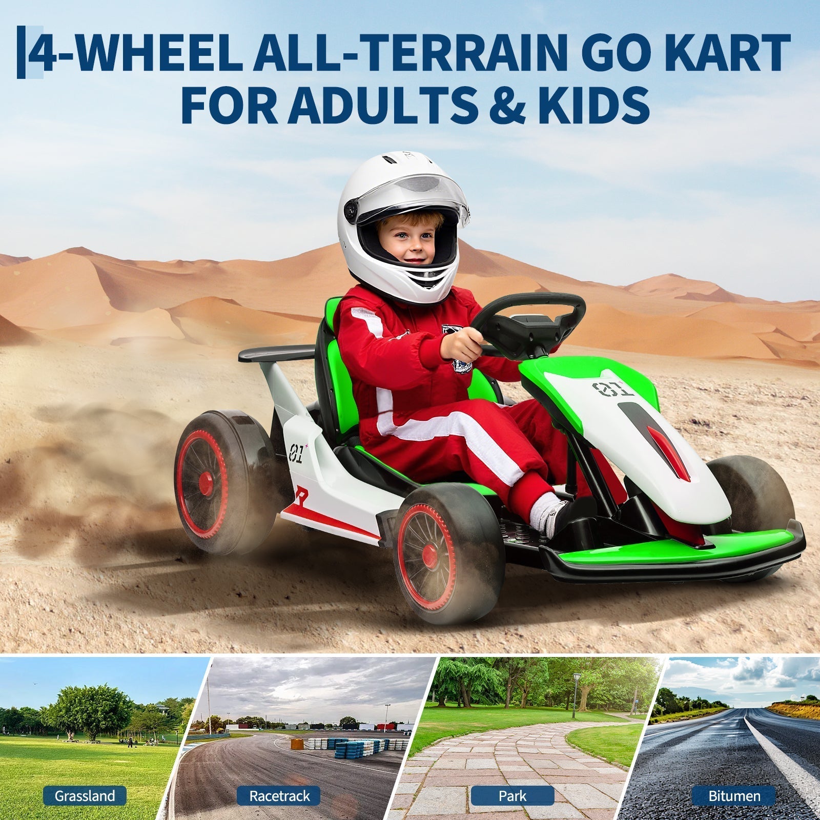 Garvee Ride - G Series: 6+,24V Drift Kart with 2X200W Strong Motor, 7AH Big Battery, Electric Pedals, Electric Go Kart Outdoor Race Toy - Green & White