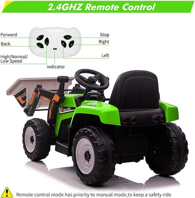 Garvee 12V Kids Ride on Car,Excavator with Bucket & Remote Control,Toddler Battery Powered Electric Vehicle,2+1 Gear Shift,3 Speeds,Bluetooth,7-LED Headlights,Music,Thread Tire,green