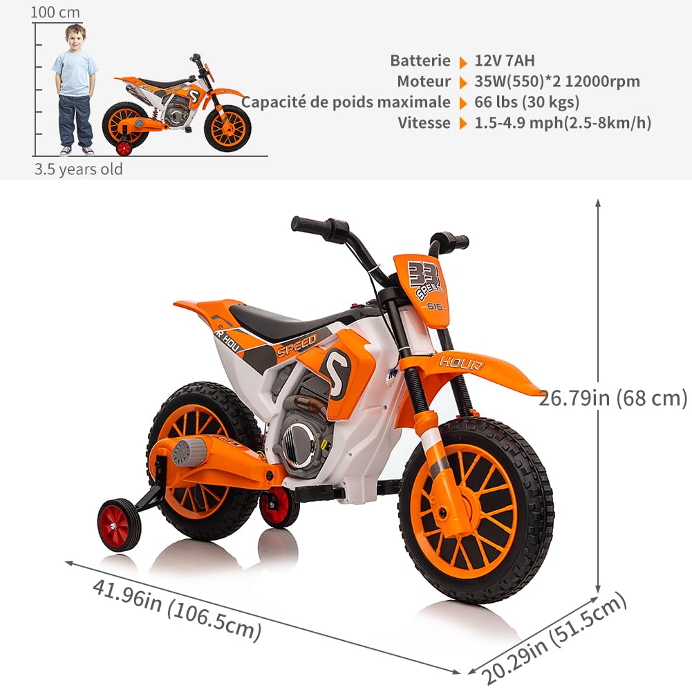 Garvee 12V Kids Ride On Motorcycle, 7AH Battery Powered Electric Motorcycle 2 Speed Off Road Motocross with 35W Strong Motor, Training Wheels, Spring Suspension - Orange
