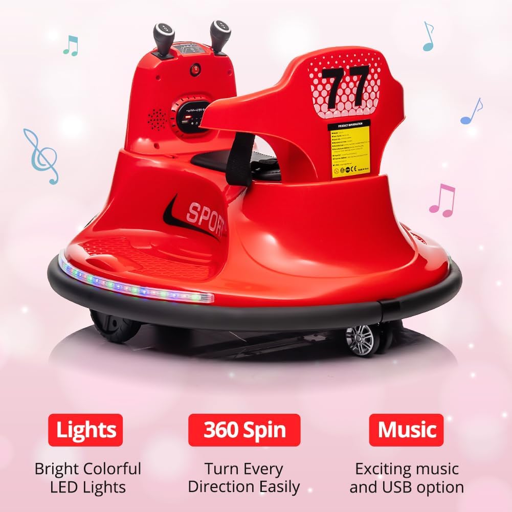 Garvee Kids Electric Bumper Car w/ Remote, Music, Lights, 360 Spin - Red