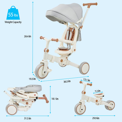 Garvee 7 in 1 Baby Tricycle, Foldable Toddler Tricycle with Removable and Adjustable Parent Handle, Toddler Push Bike with Removable Pedal, Canopy, and Guardrail, Tricycle for 12-72 Months（Brown）