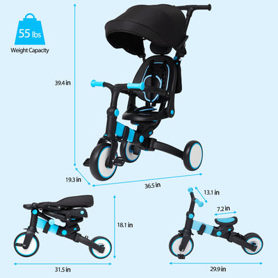 Garvee 7-in-1 Foldable Baby Tricycle with Adjustable Handle, Removable Pedal, Canopy & Guardrail, Aluminum Frame, for 12-72 Months (Blue)