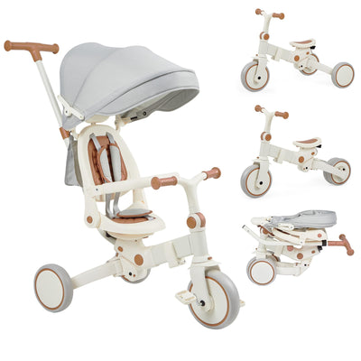 Garvee 7 in 1 Baby Tricycle, Foldable Toddler Tricycle with Removable and Adjustable Parent Handle, Toddler Push Bike with Removable Pedal, Canopy, and Guardrail, Tricycle for 12-72 Months（Brown）
