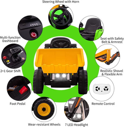 Garvee 12V Kids Ride on Car,Excavator with Bucket & Remote Control,Toddler Battery Powered Electric Vehicle,2+1 Gear Shift,3 Speeds,Bluetooth,7-LED Headlights,Music,Thread Tire,green