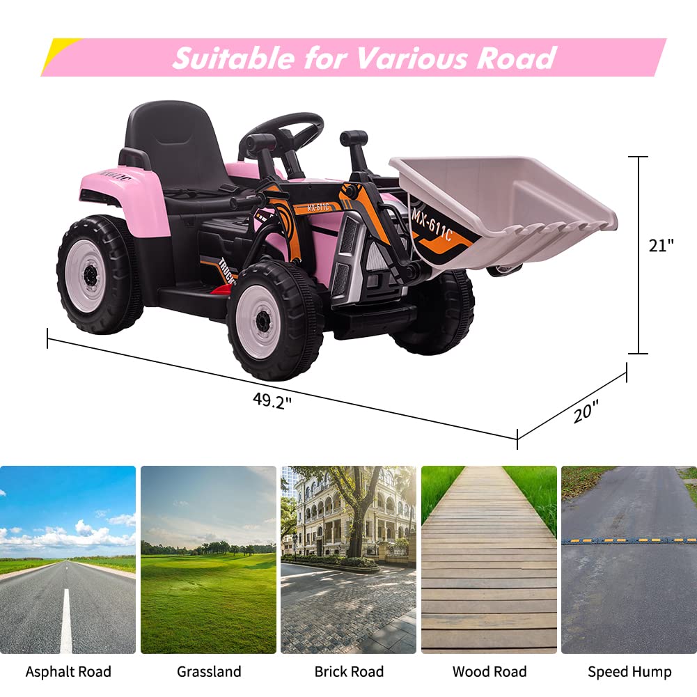 Garvee 12V Kids Ride on Car,Excavator with Bucket & Remote Control,Toddler Battery Powered Electric Vehicle,2+1 Gear Shift,3 Speeds,Bluetooth,7-LED Headlights,Music,Thread Tire,Pink